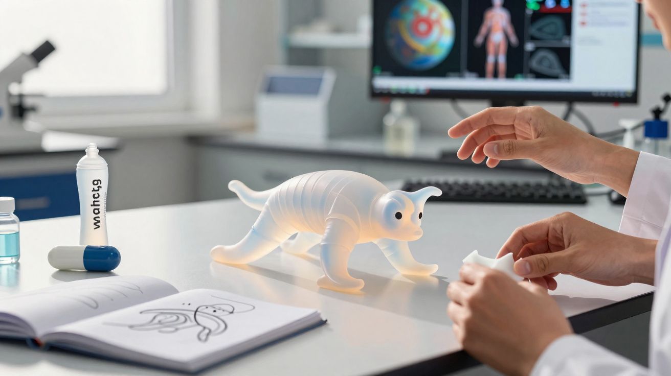 Típico cenário de laboratório com modelo de animal translúcido, mãos e equipamento médico sobre mesa branca.