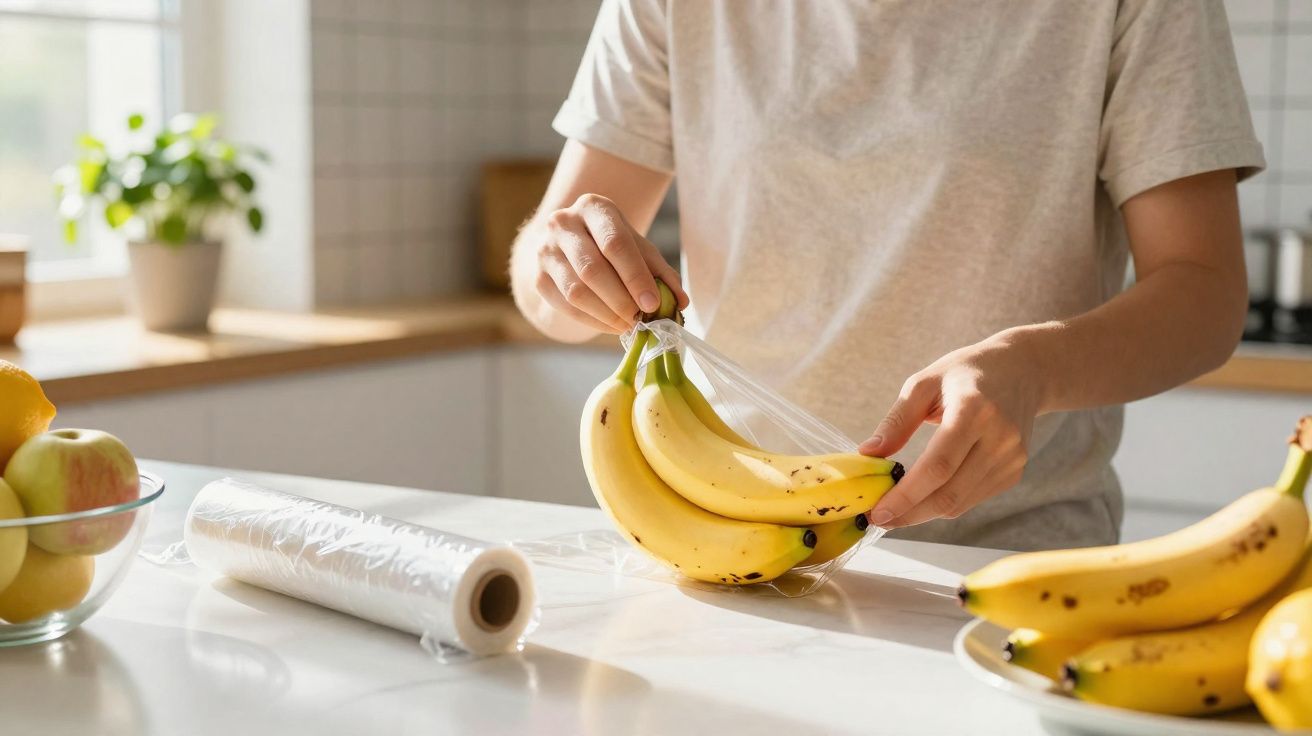 Pessoa a embrulhar um cacho de bananas com película aderente numa cozinha iluminada.