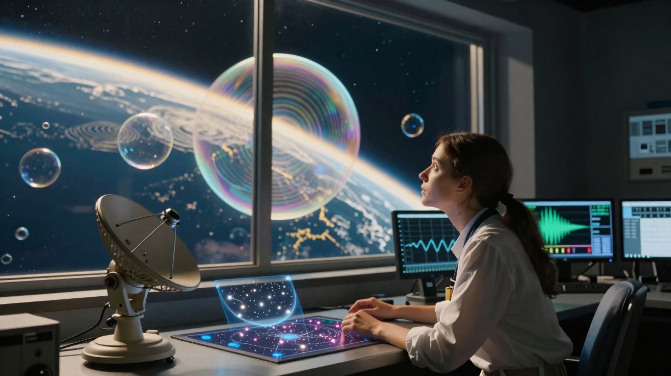 Mulher cientista numa sala de controlo observa bolhas espaciais coloridas flutuando junto à Terra vista pela janela.