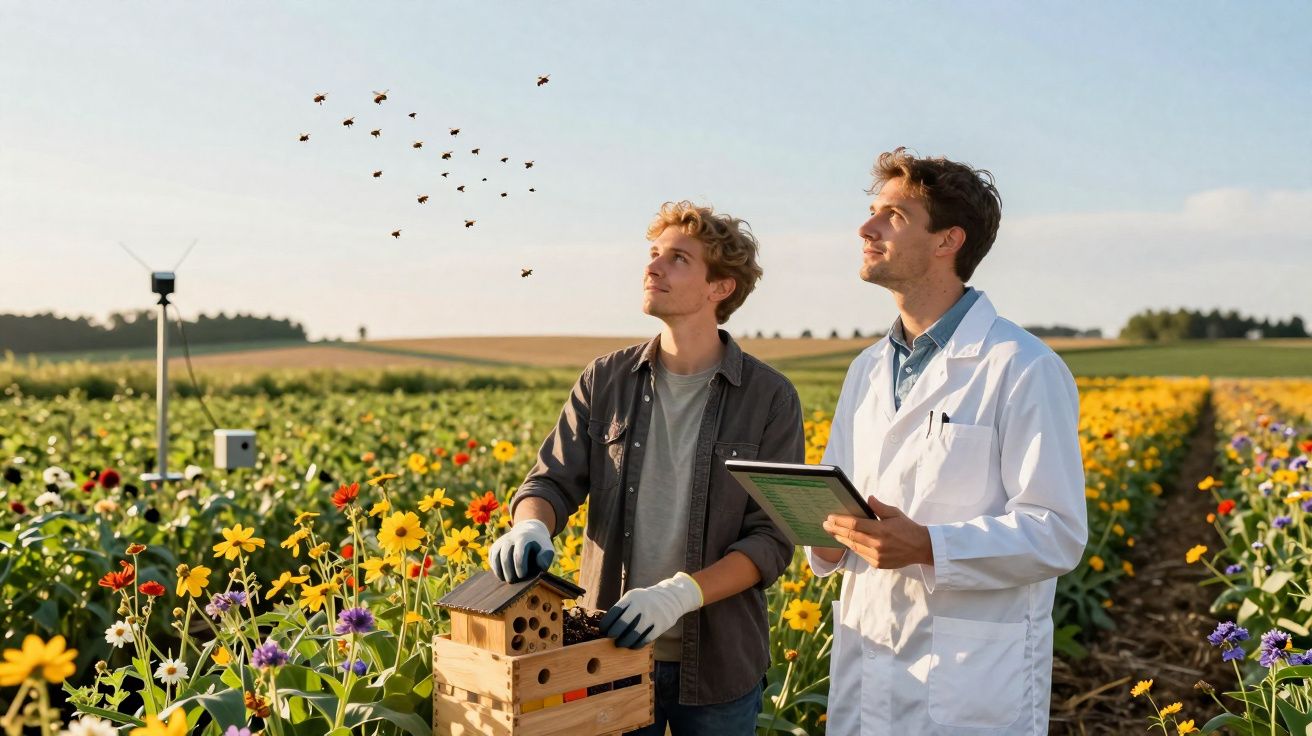 Dois homens analisam abelhas em campo florido, um com caixa de colmeia e outro com bloco de notas.