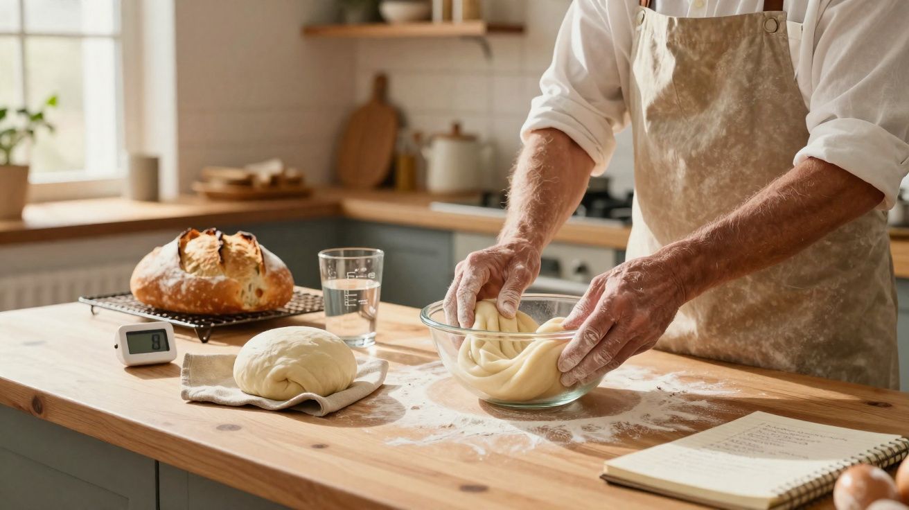 Pessoa a amassar massa de pão na cozinha, com pão já cozido e ingredientes na bancada.
