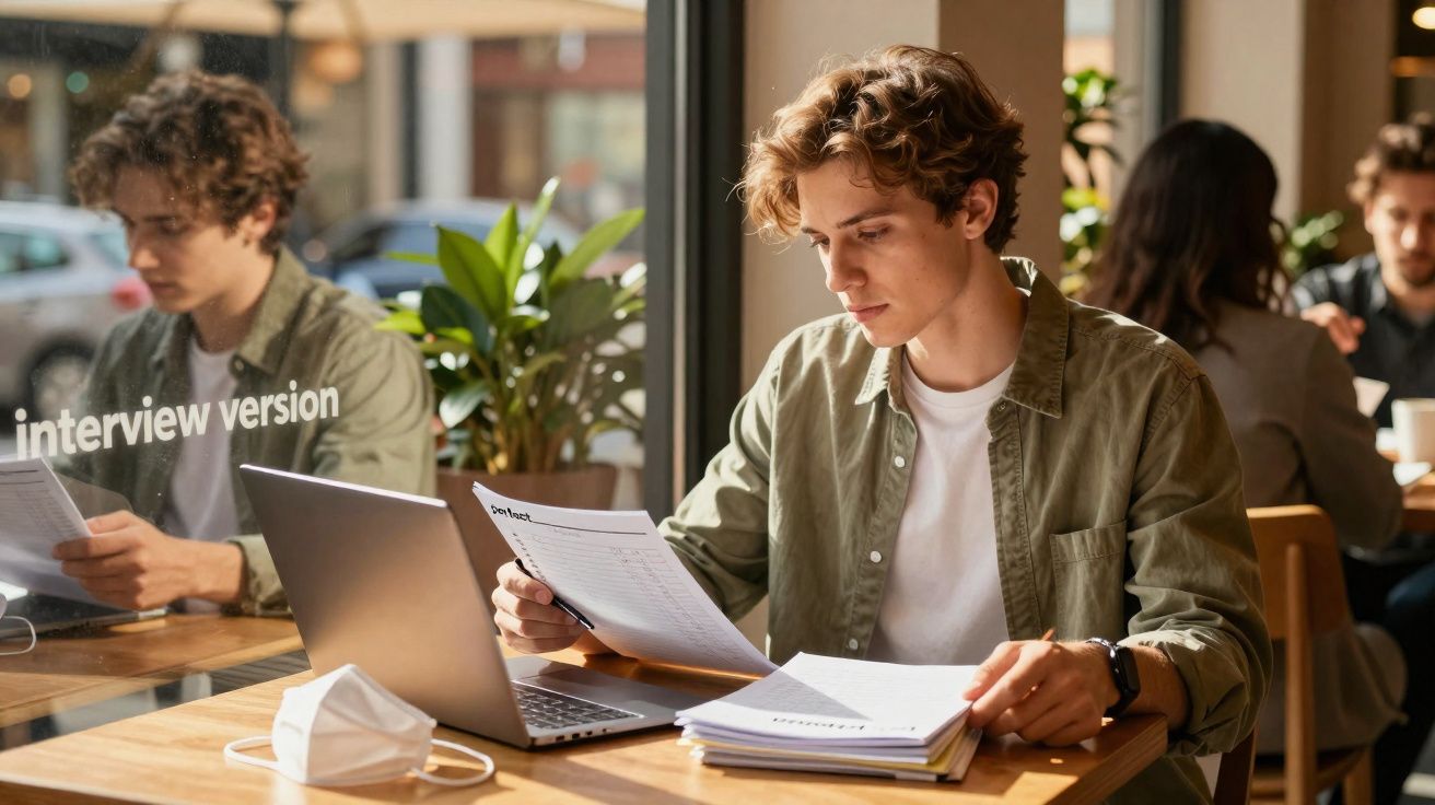 Jovem a analisar documentos junto ao computador numa cafeteria, com máscara cirúrgica na mesa.