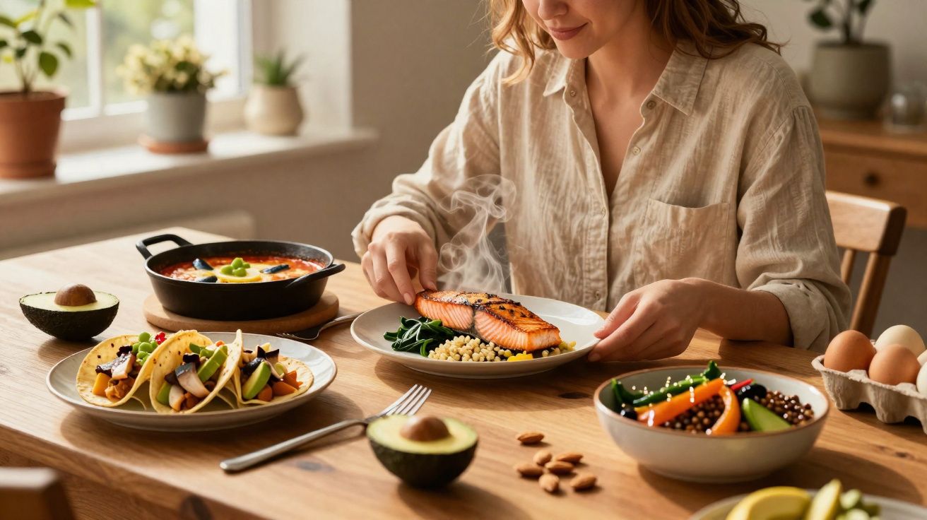 Mulher a segurar prato com salmão grelhado e legumes, sentada à mesa com várias refeições saudáveis.