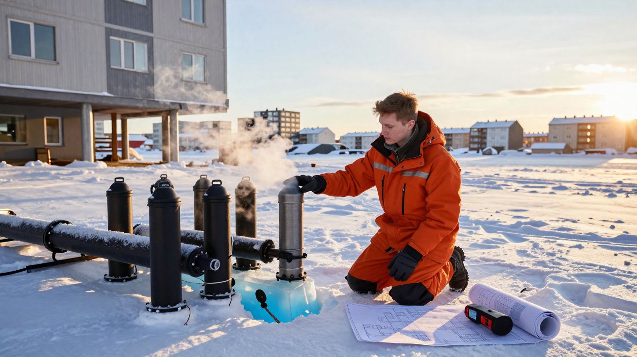 Homem com fato térmico laranja trabalha em equipamento de pesquisa no gelo com papéis e dispositivo ao lado.