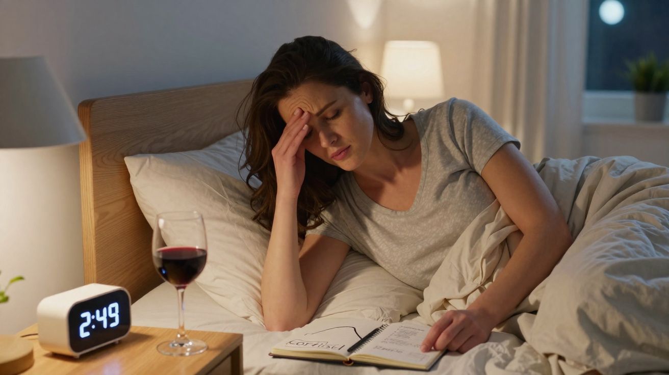 Mulher na cama de madrugada com expressão de dor de cabeça, relendo um livro ao lado de um copo de vinho tinto.
