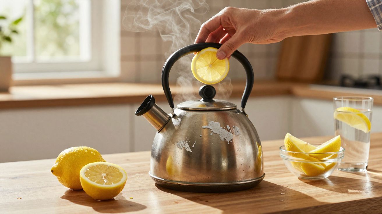 Chaleira a ferver com vapor e mão a colocar rodelas de limão numa cozinha iluminada.