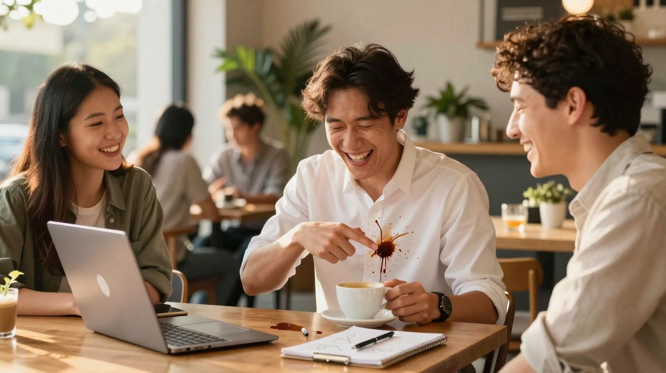 Grupo de três jovens felizes num café com um copo de laptop e uma chávena de café derramada.