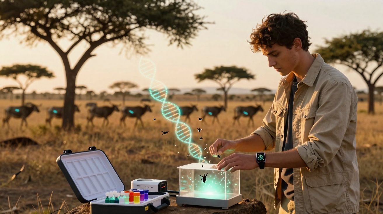 Jovem cientista manipula caixa luminosa com holograma ADN e insetos na savana africana ao pôr do sol.
