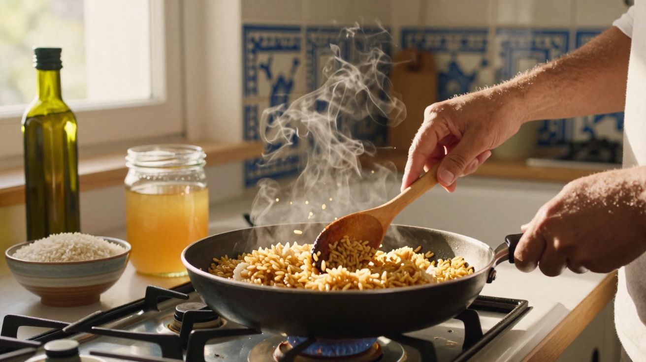 Mãos mexendo arroz numa frigideira com vapor, junto a garrafa de azeite e frasco de caldo na cozinha.