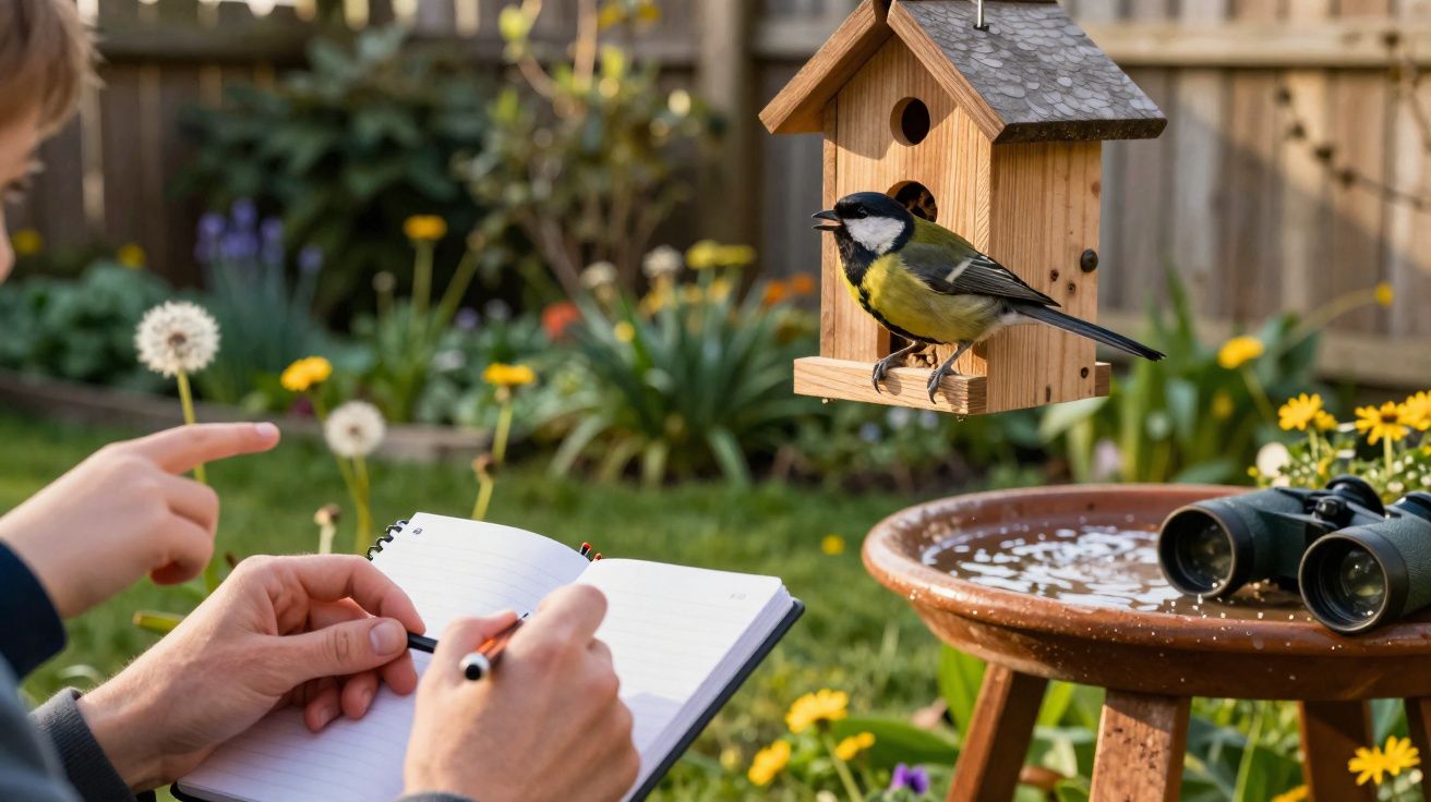 Pássaro num comedouro suspenso no jardim, com duas pessoas a escrever num caderno e binóculos numa mesa.