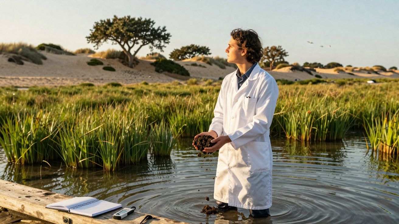 Cientista de bata branca em água raso segura solo, rodeado por vegetação e dunas ao fundo ao pôr do sol.