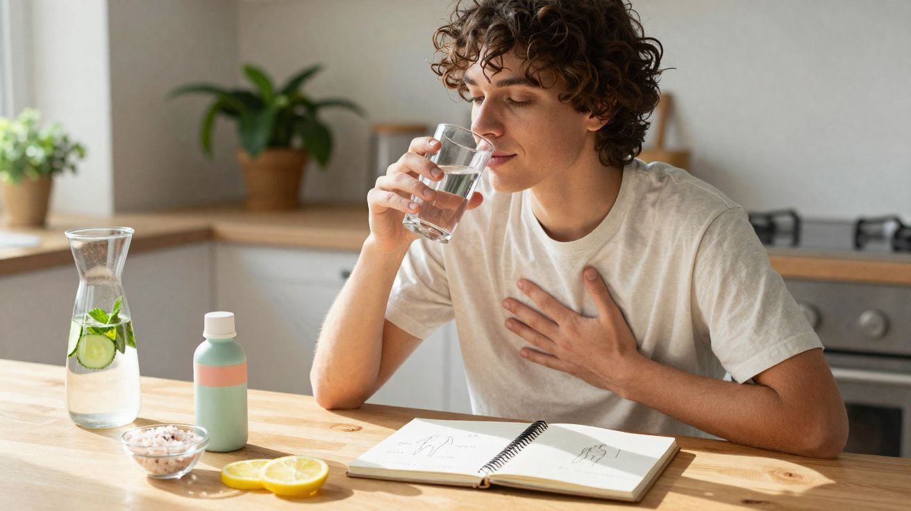 Jovem sentado à mesa a beber água, com diário de desenhos e limão à sua frente numa cozinha iluminada.