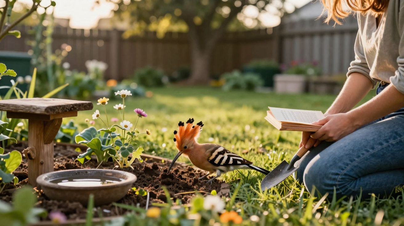 Pessoa com pá de jardinagem sentada no jardim a ler, com peneireiro colorido próximo das flores.