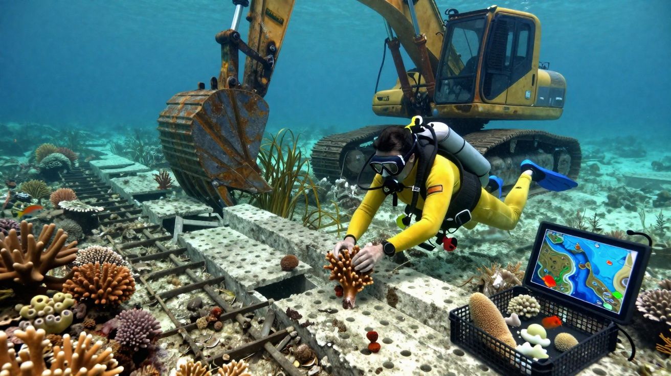 Mergulhador a instalar coral artificial no fundo do mar, com escavadora submersa e caixa de corais ao lado.