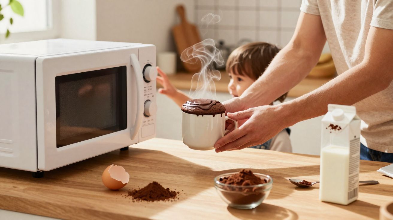 Pessoa a tirar do micro-ondas um bolo de chocolate numa caneca com criança ao fundo na cozinha.
