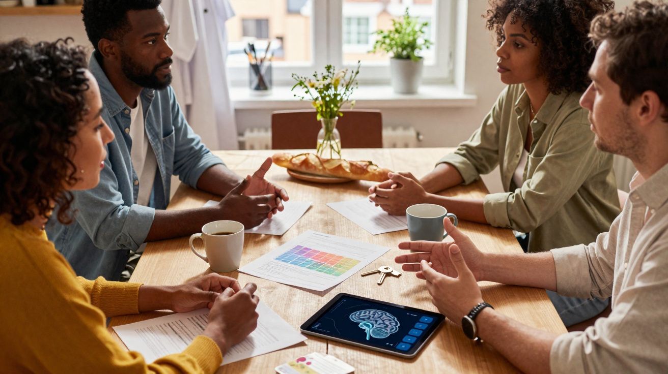 Quatro pessoas discutem um projeto em torno de uma mesa com tablet, papéis e café numa sala iluminada.
