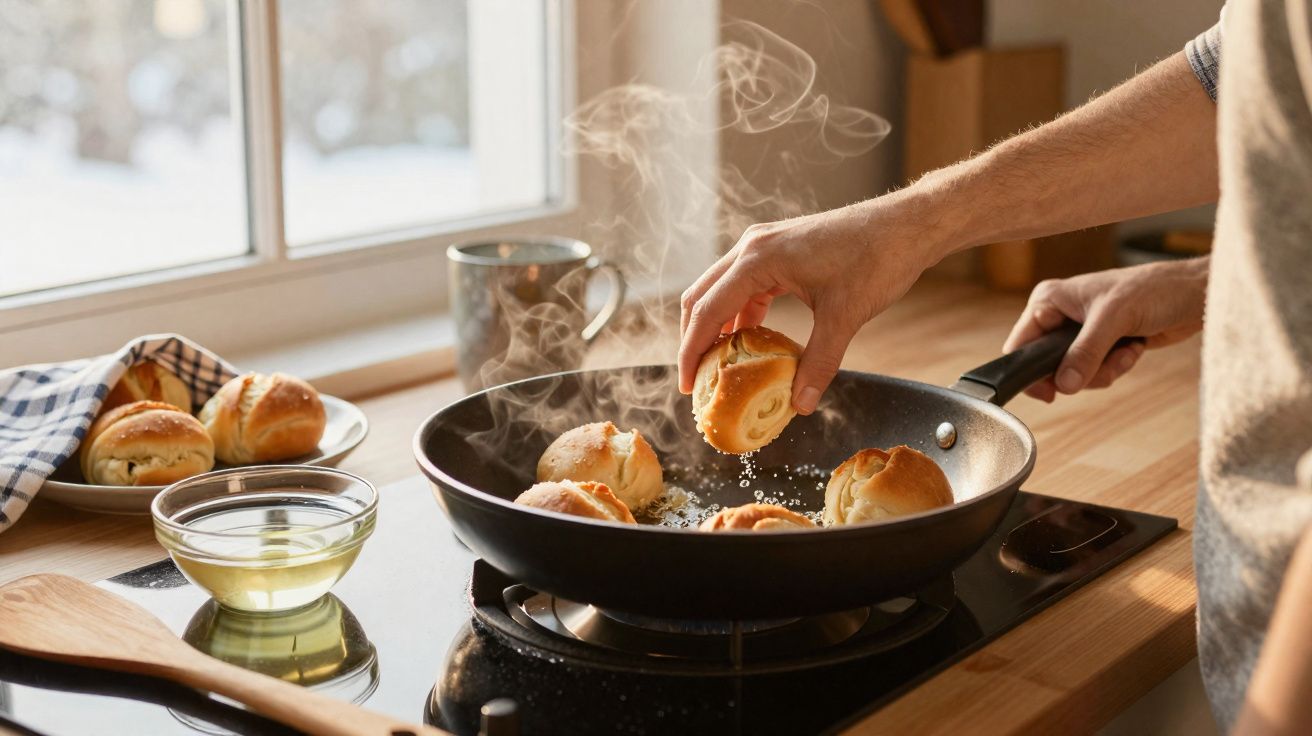 Pessoa a cozinhar pãezinhos numa frigideira com vapor numa cozinha iluminada pela janela.