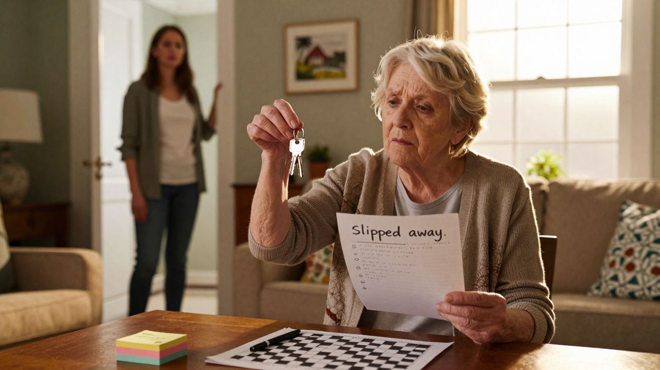Mulher idosa segura chaves e uma carta, com mulher mais jovem ao fundo numa sala iluminada.