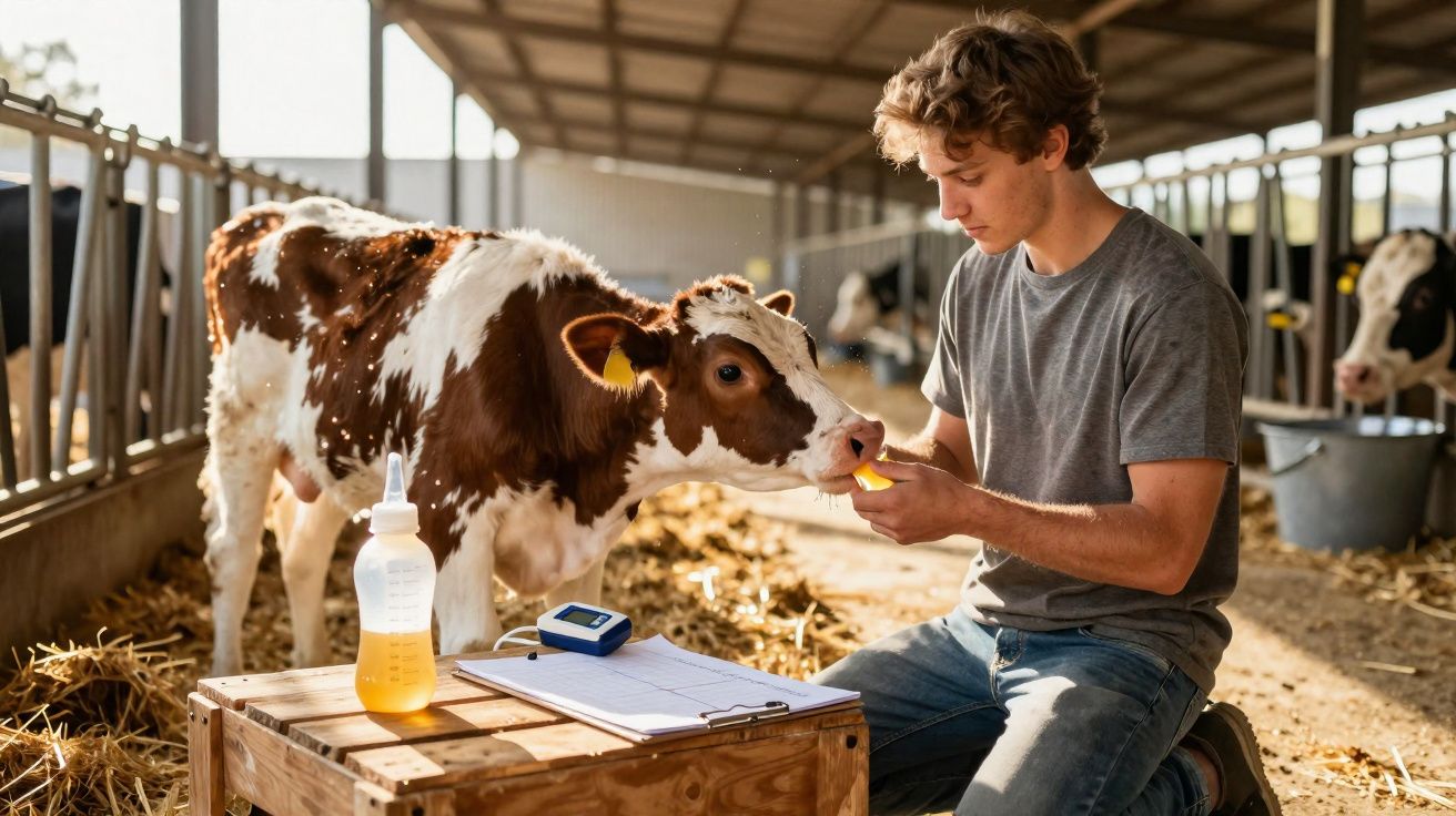 Jovem a alimentar bezerro num estábulo com garrafa, perto de bloco de notas e dispositivo eletrónico.