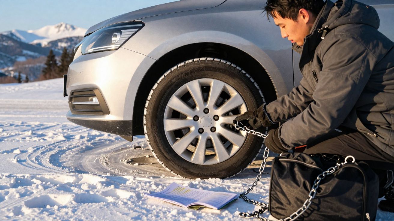 Homem a colocar correntes num pneu de carro cinzento numa estrada coberta de neve, com montanhas ao fundo.