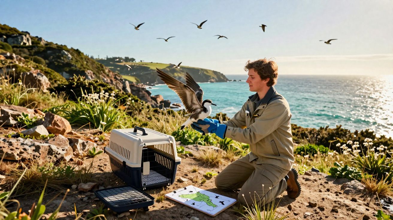 Pessoa a libertar uma ave marinha numa zona costeira com mar, vegetação e gaivotas ao fundo.