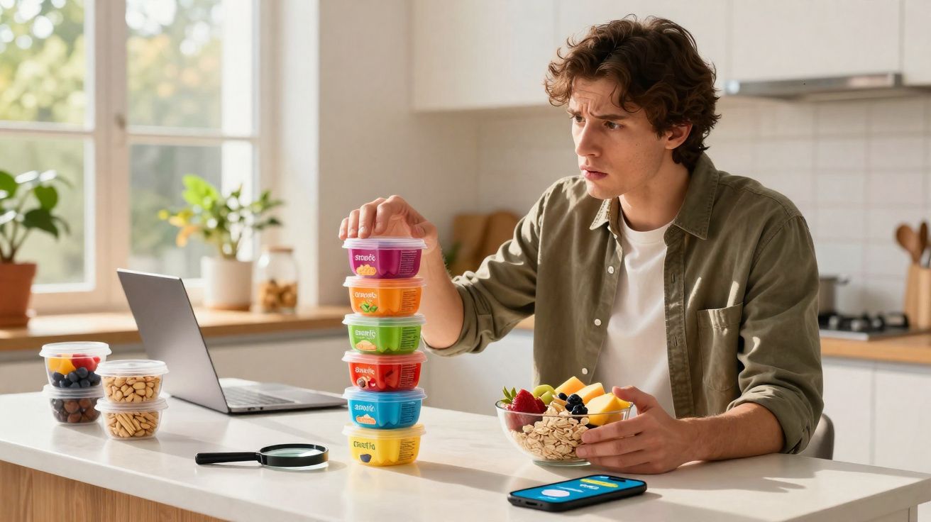 Homem a organizar iogurtes coloridos empilhados na cozinha enquanto come taça de fruta e granola.
