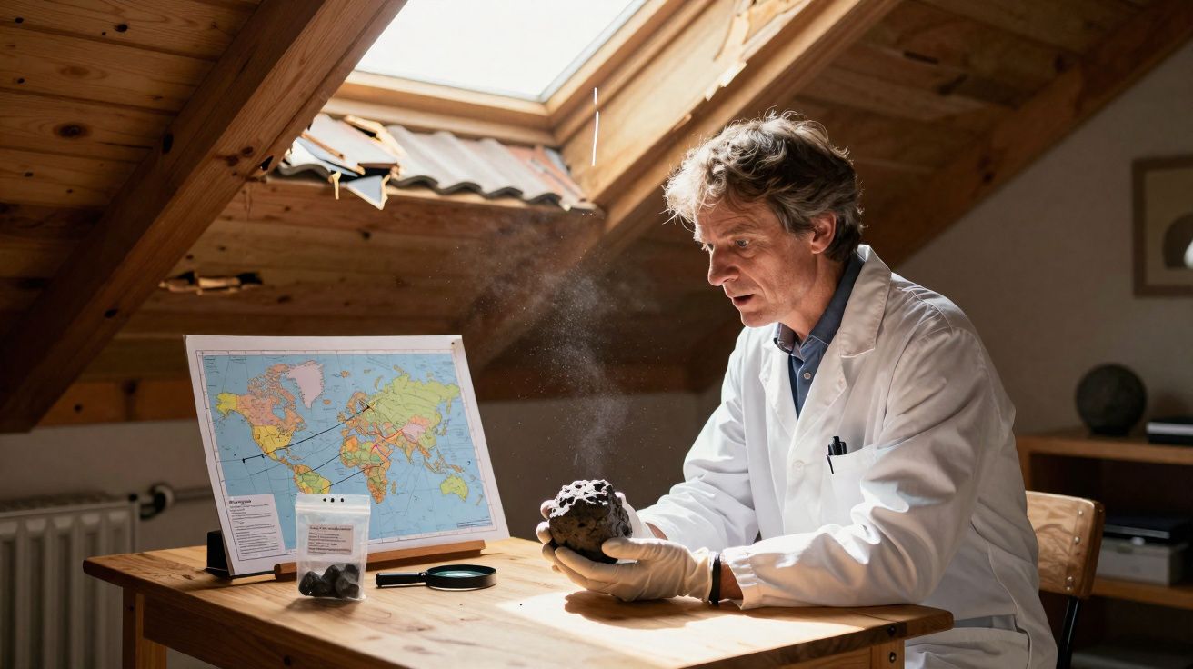 Homem com bata branca analisa meteorito numa mesa de madeira com mapa-múndi, lupa e outras pedras.