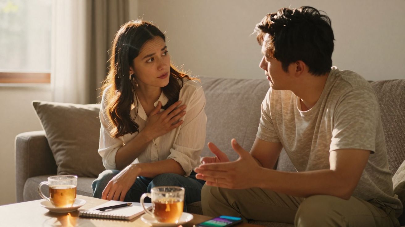 Casal sentado no sofá a ter uma conversa séria com chá e caderno à frente numa mesa baixa.