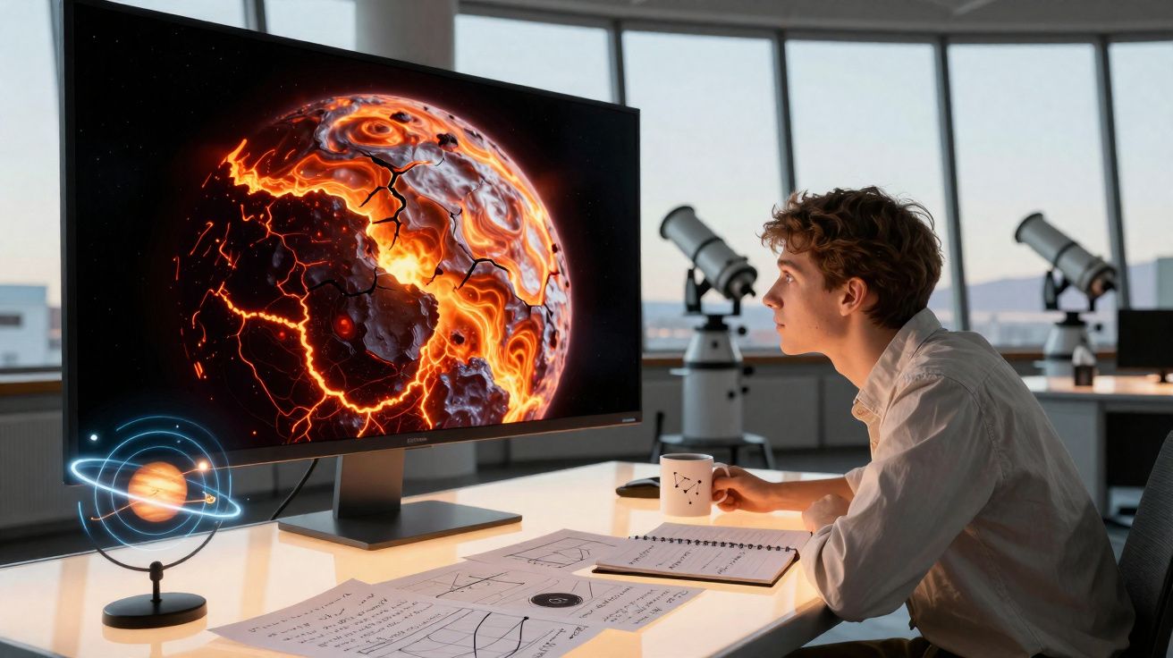 Jovem observando imagem digital de planeta vulcânico numa tela grande num laboratório de astronomia.