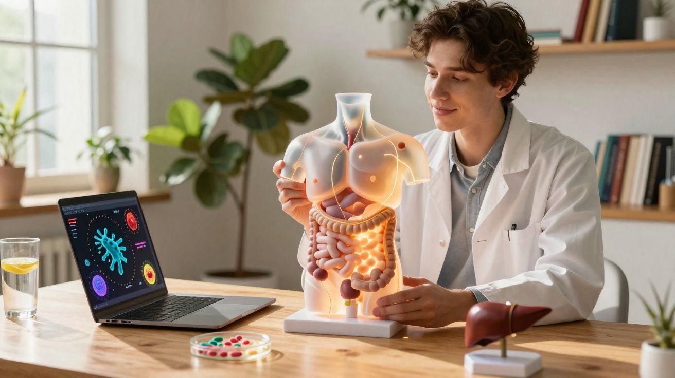 Estudante a observar modelo anatómico do sistema digestivo numa mesa com portátil e material científico.