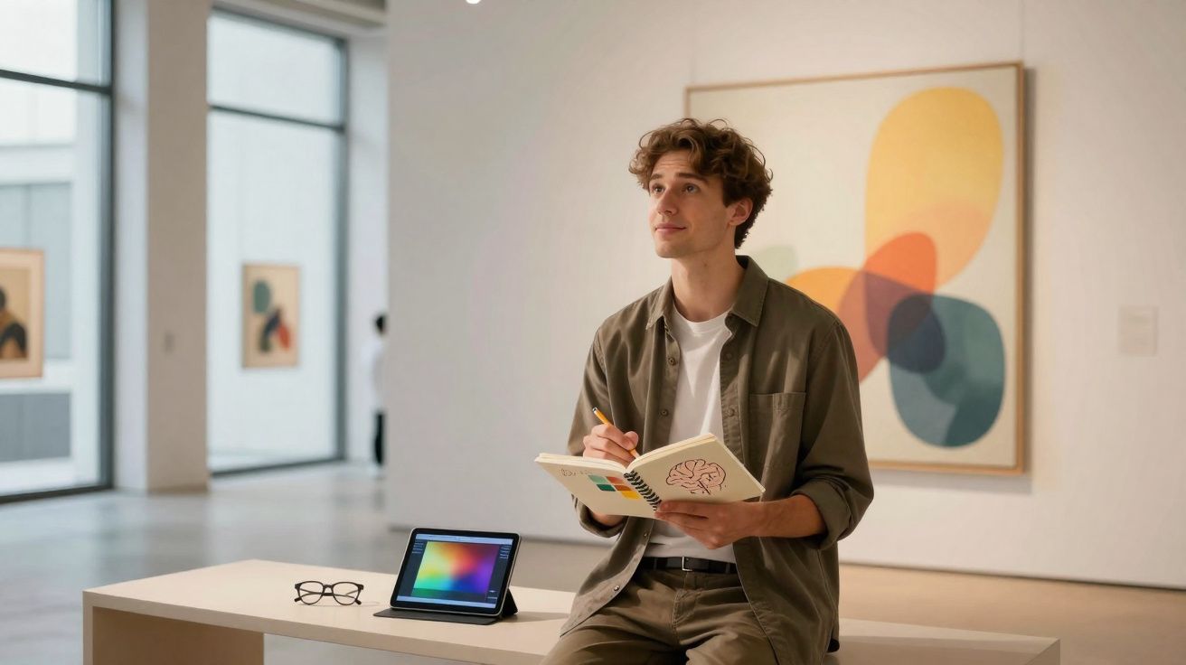 Jovem sentado numa galeria de arte, a desenhar num caderno, com tablet e óculos ao lado.