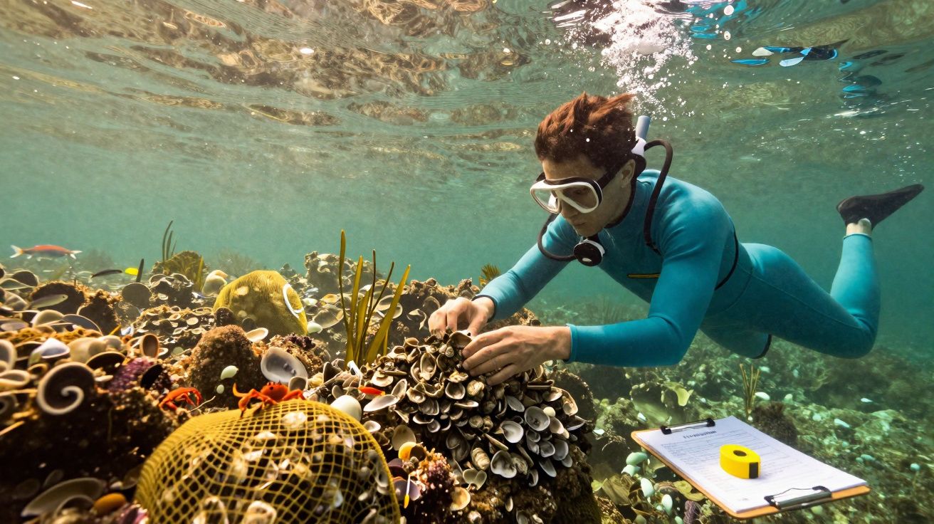Mergulhador explora recife de coral com equipamento de mergulho e tablet subaquático.