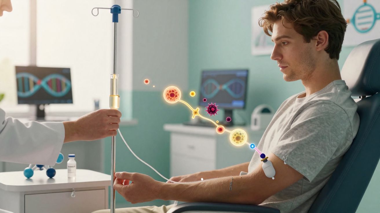 Homem sentado a receber tratamento intravenoso numa clínica médica moderna.