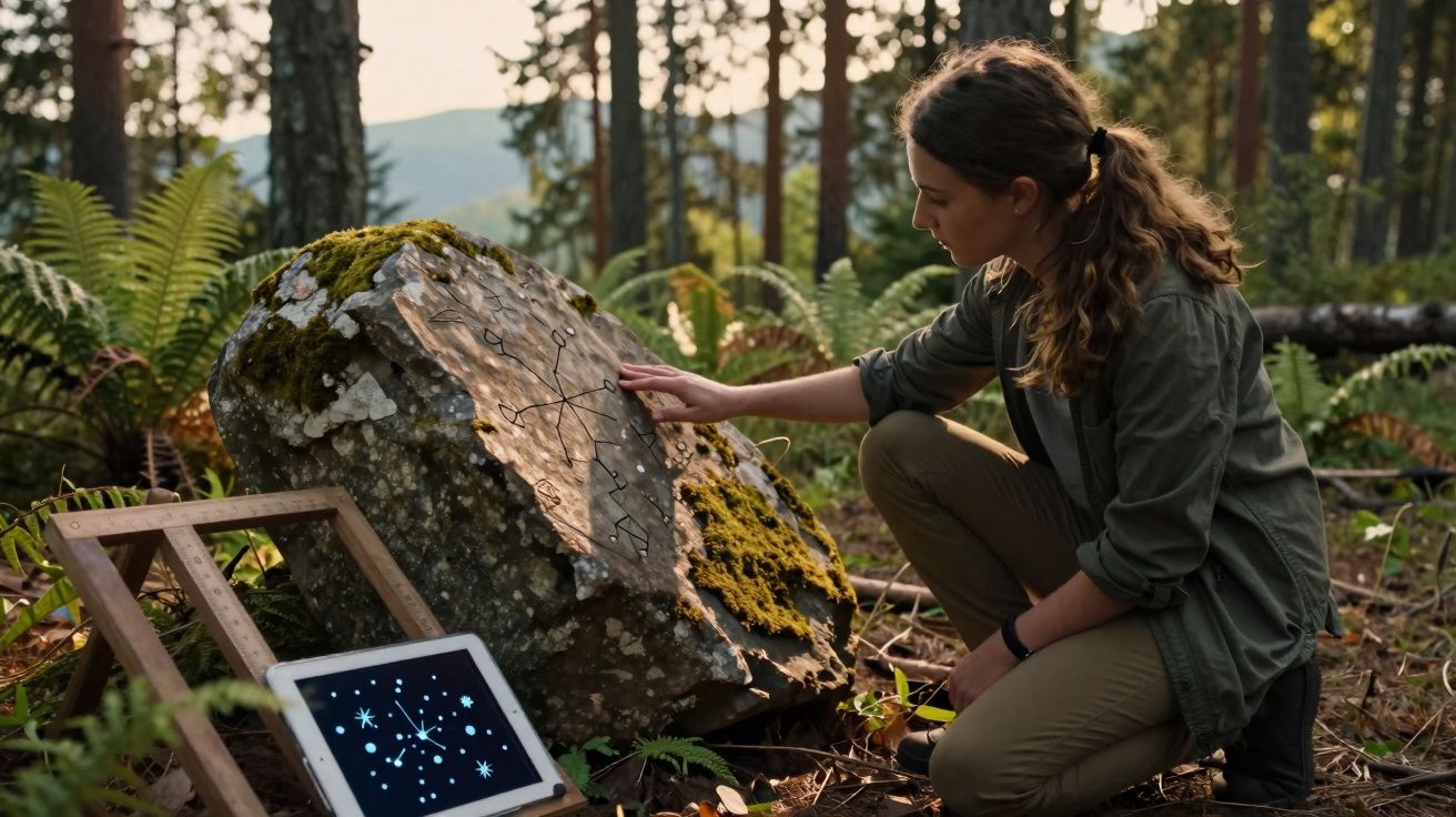 Mulher analisa símbolos num grande rochedo coberto de musgo numa floresta com tablet ao lado.