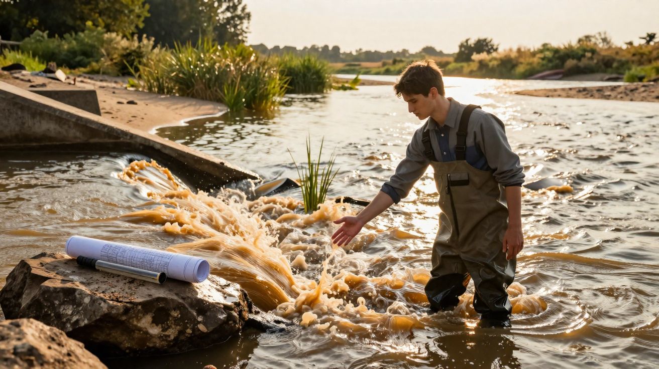 Homem com fato impermeável verifica fluxo de água lamacenta num rio com plantas ao redor ao pôr do sol.