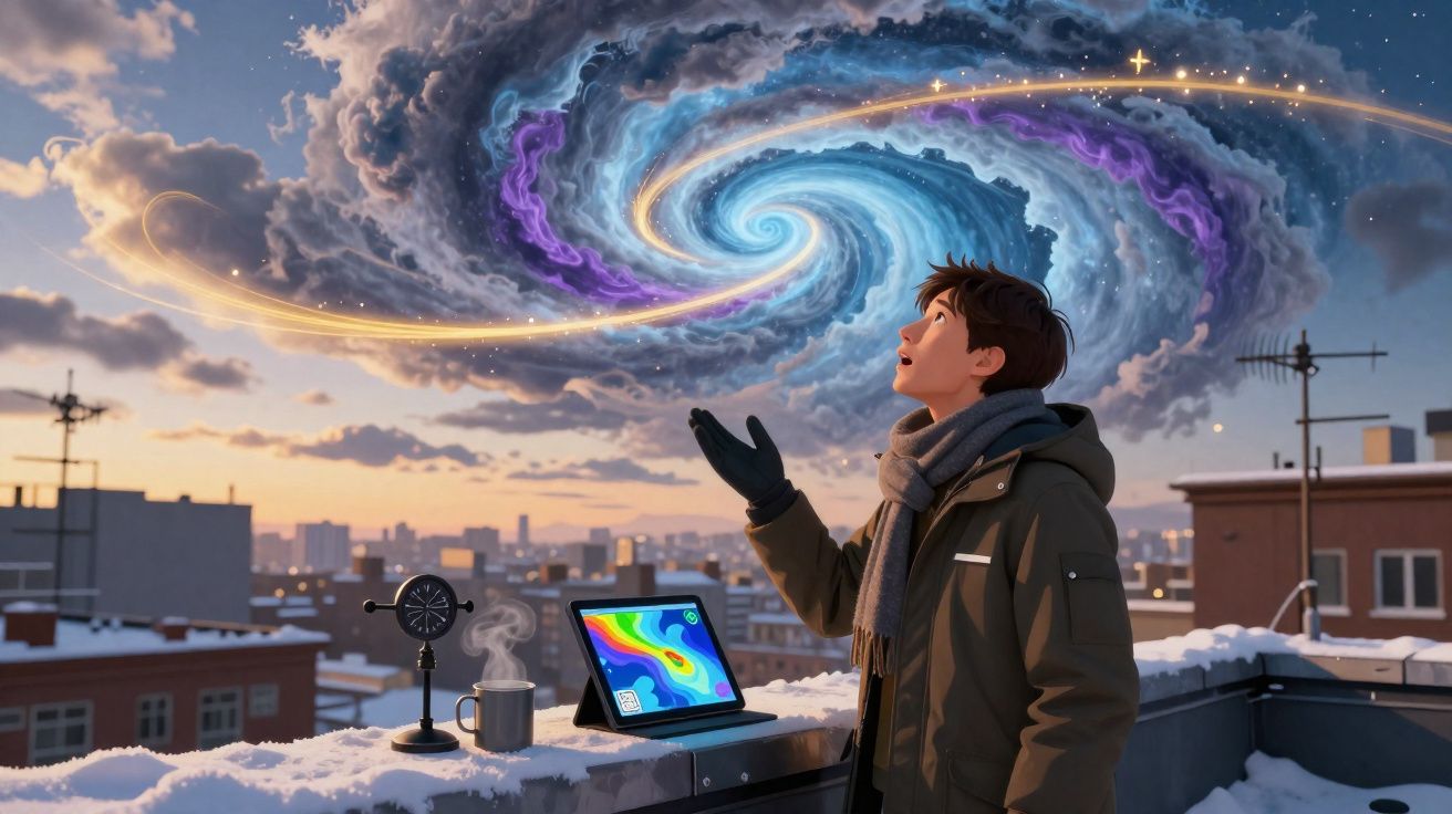 Jovem fascinado observa vórtice colorido no céu, numa cidade coberta de neve ao pôr do sol.