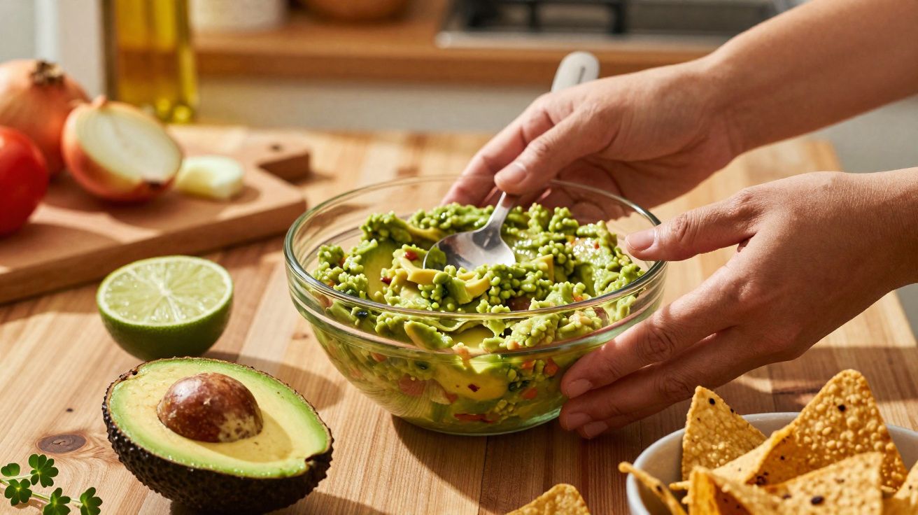 Pessoa a misturar guacamole numa taça de vidro com colheres, abacate, limão e totopos à volta.