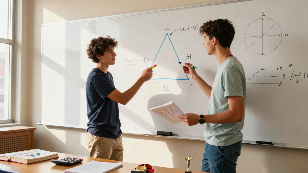 Dois jovens a discutir fórmulas matemáticas numa sala de aula com quadro branco preenchido.