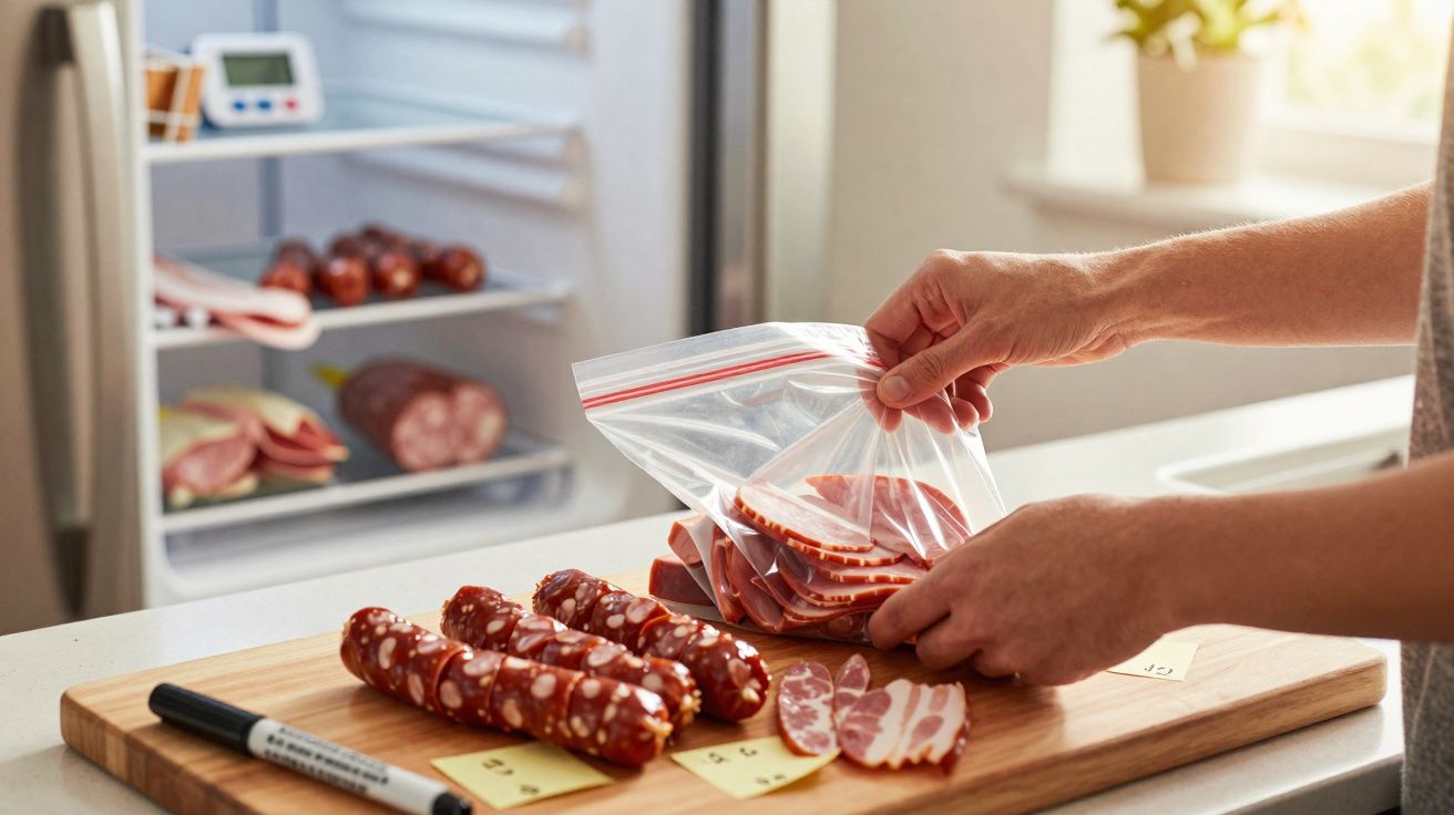 Pessoa a colocar fatias de chouriço numa embalagem plástica com enchidos e frigorífico ao fundo.