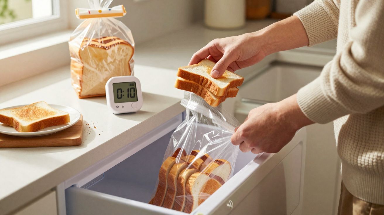 Pessoa guardando fatias de pão torrado num saco plástico na cozinha, com temporizador na bancada.