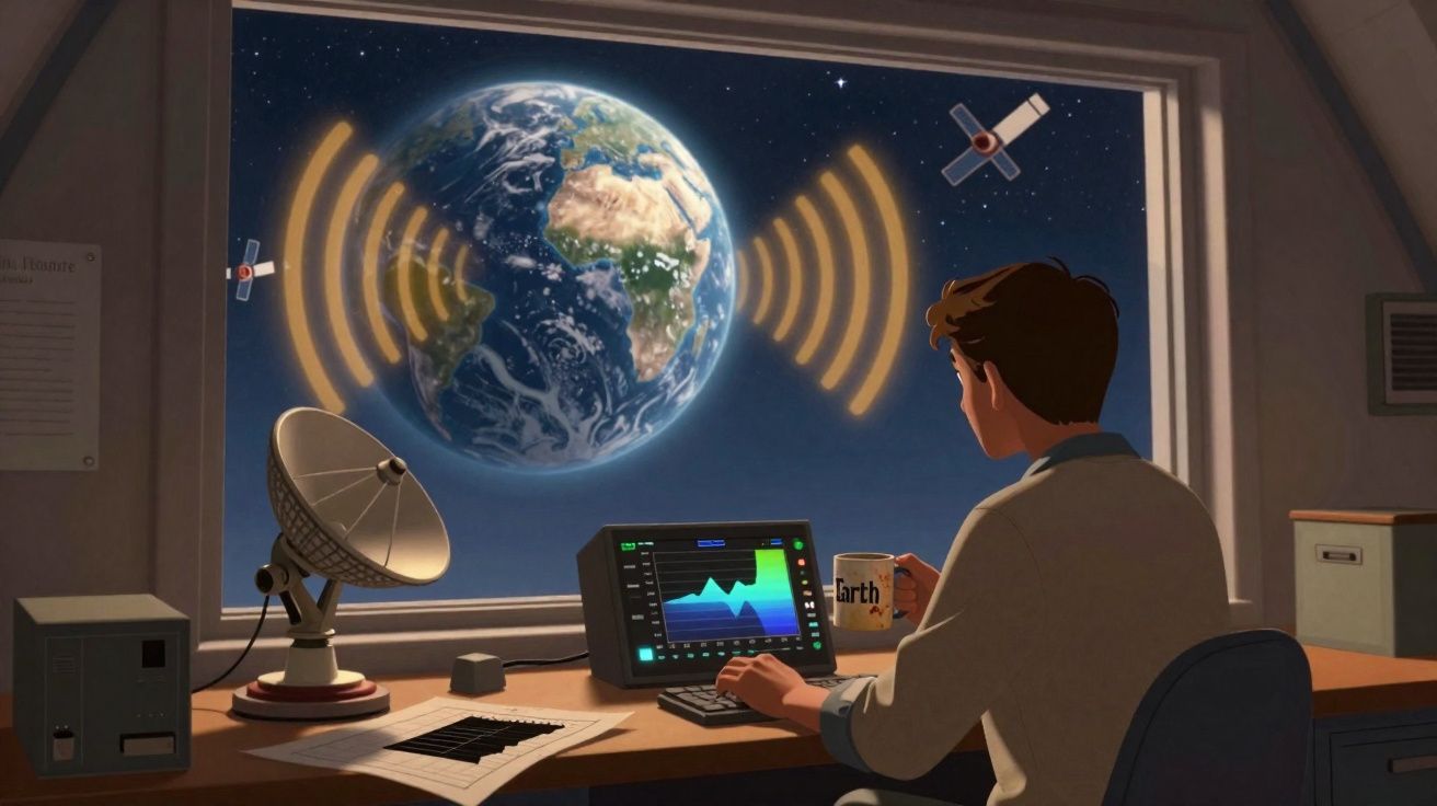 Homem observa Terra e satélites através de janela, com computador e antena parabólica num escritório.