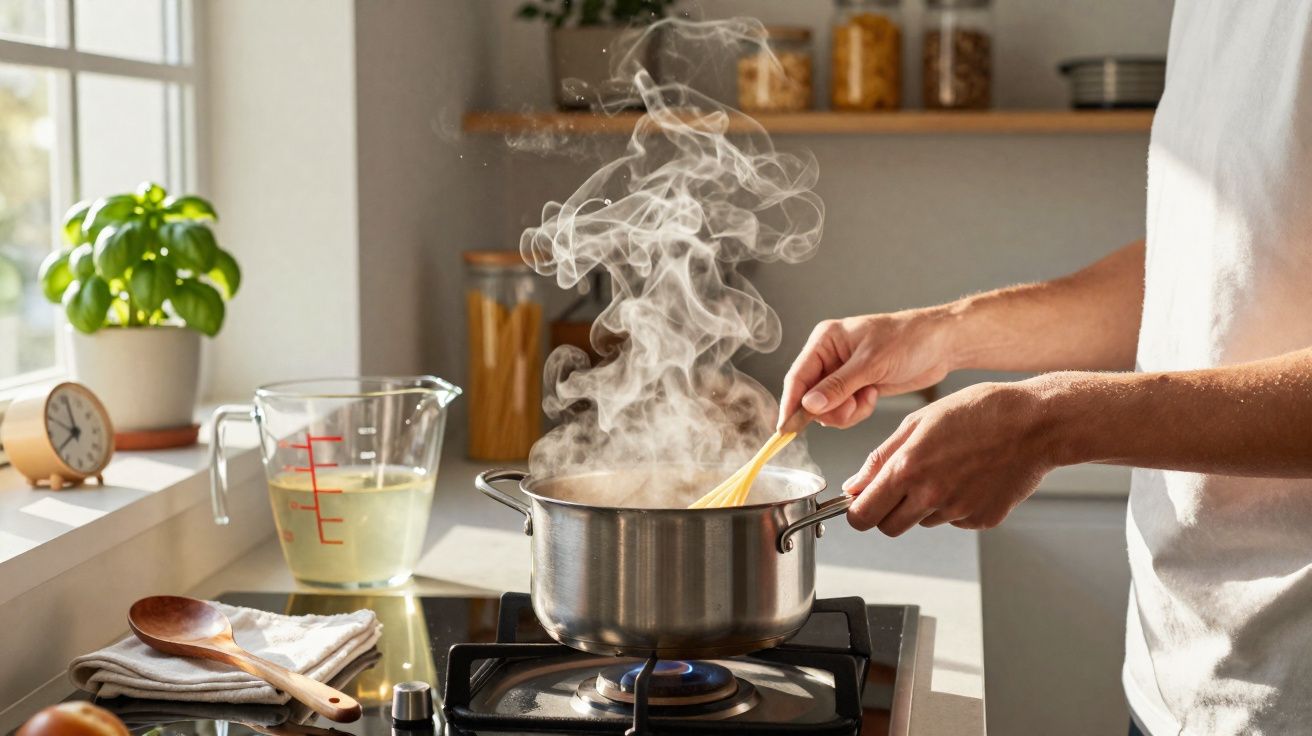 Pessoa a mexer uma panela com vapor a sair no fogão numa cozinha iluminada natural.