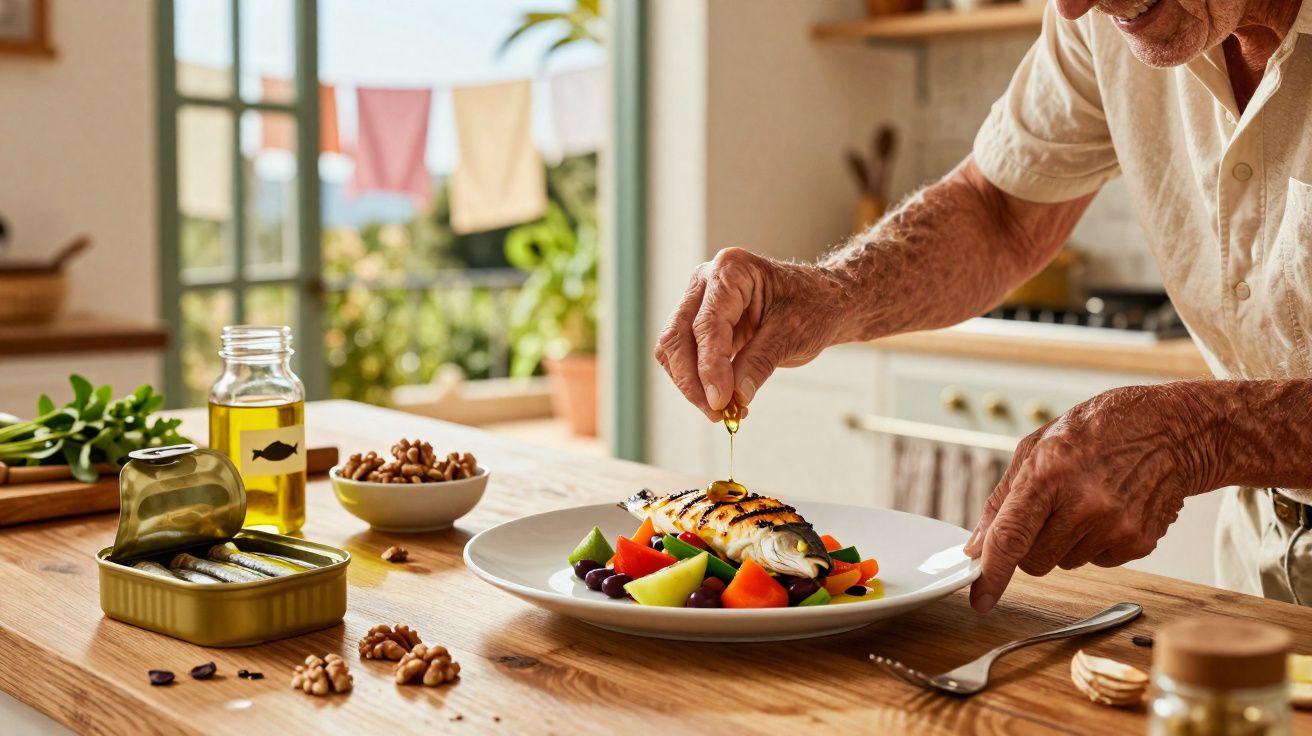 Pessoa idosa a temperar prato com peixe grelhado e legumes numa cozinha luminosa e acolhedora.