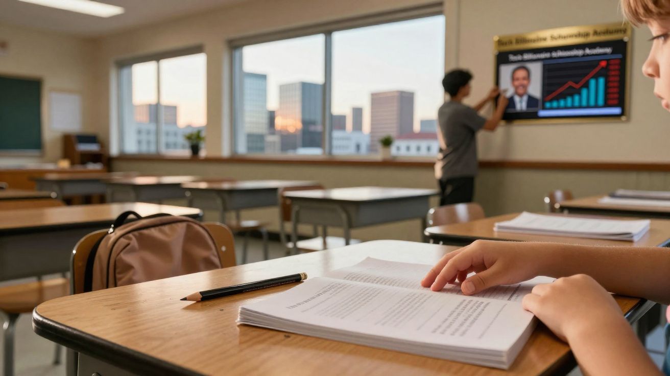 Sala de aula com duas crianças, uma a ler e outra a pendurar papel com gráfico na parede.