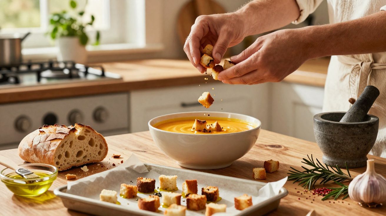 Pessoa a colocar pedaços de pão numa taça de sopa cremosa numa cozinha iluminada.