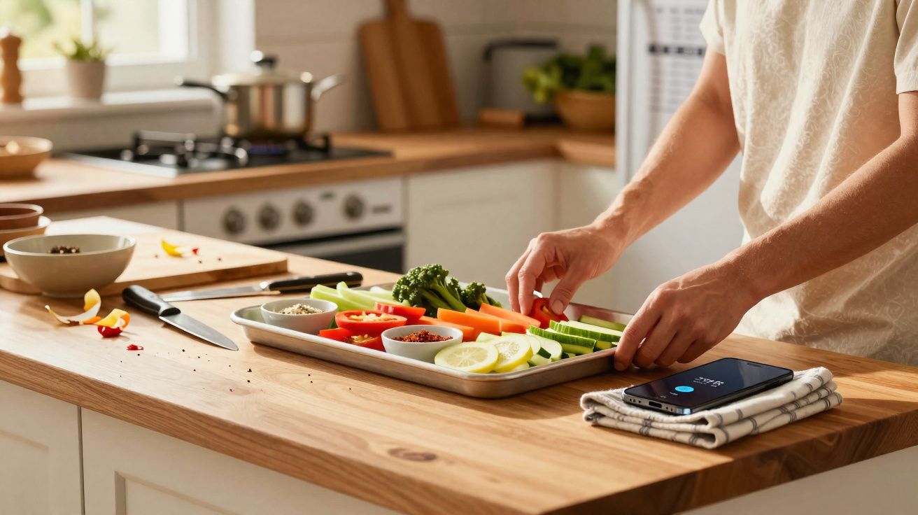 Pessoa a preparar tabua com legumes cortados numa cozinha luminosa, com telemóvel ao lado.