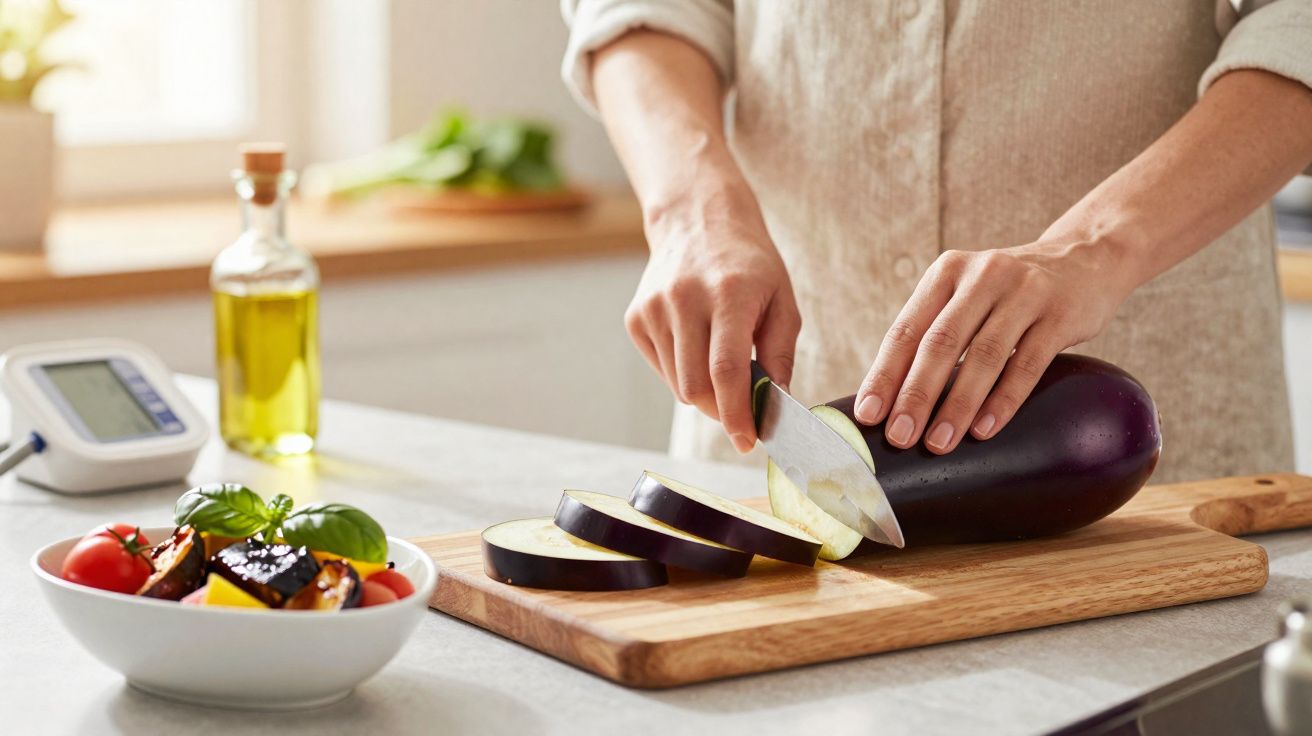 Pessoa a cortar beringela em rodelas numa tábua de madeira, com óleo e salada ao lado.