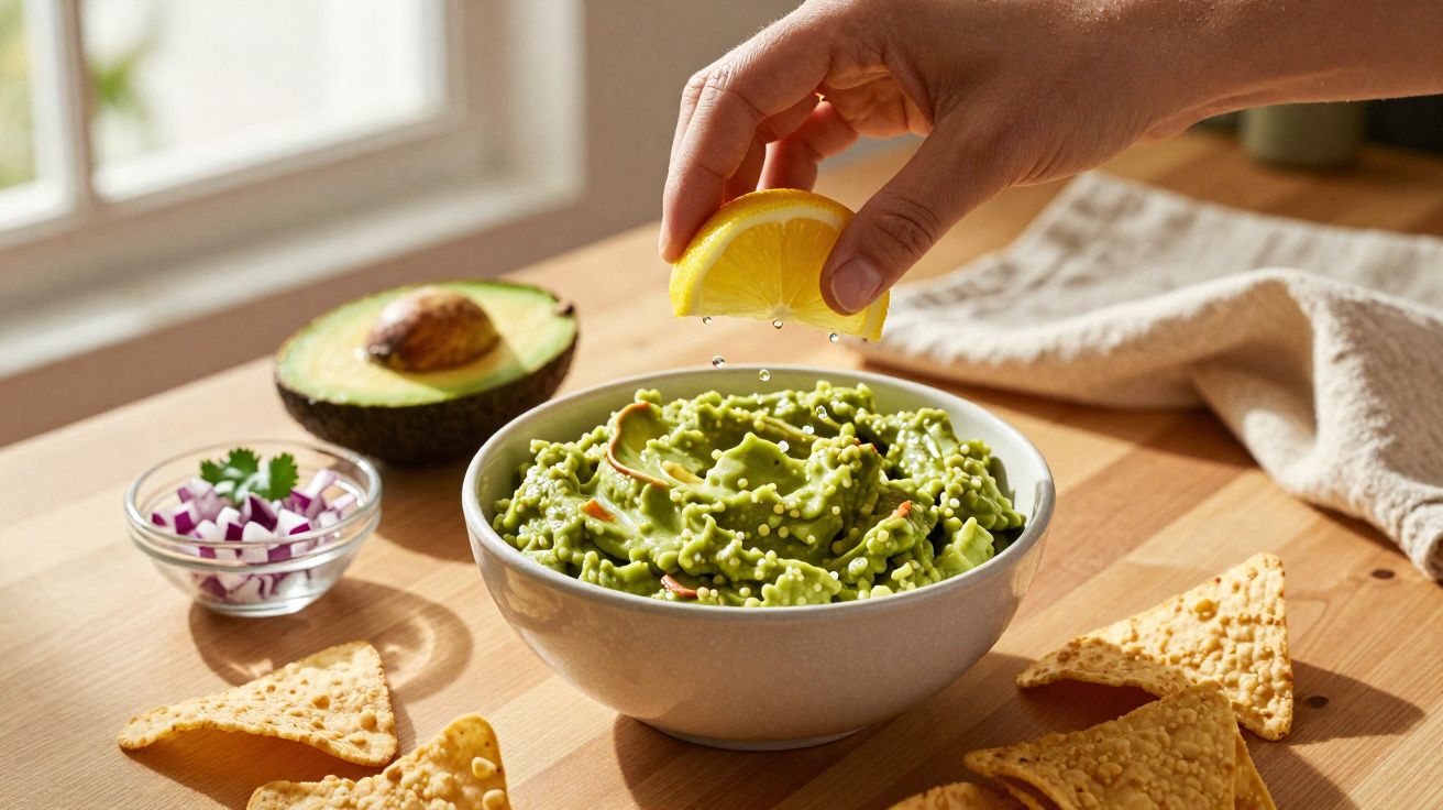 Mão a espremer sumo de limão sobre guacamole numa tigela com chips de tortilha e ingredientes ao lado.
