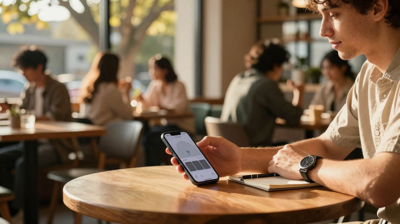 Jovem sentado numa mesa de café a olhar para o telemóvel, com outros clientes ao fundo desfocados.