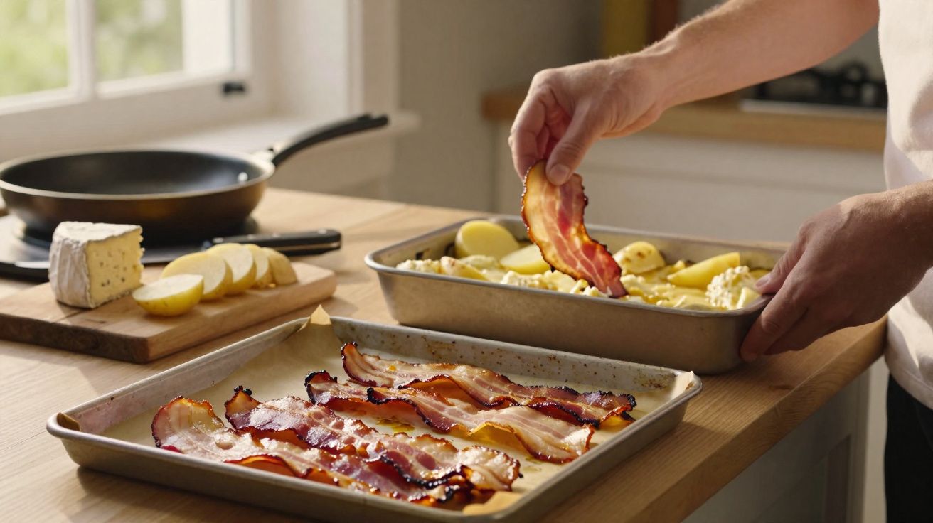 Mãos a colocar fatias de bacon numa travessa com batatas numa mesa de cozinha com queijo e maçã cortada.